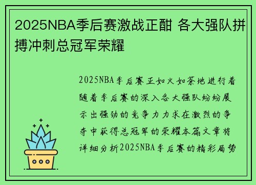 2025NBA季后赛激战正酣 各大强队拼搏冲刺总冠军荣耀
