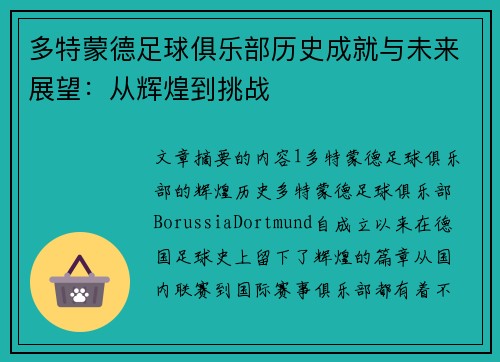 多特蒙德足球俱乐部历史成就与未来展望：从辉煌到挑战