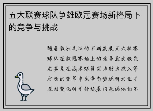 五大联赛球队争雄欧冠赛场新格局下的竞争与挑战