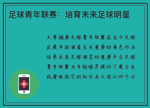 足球青年联赛：培育未来足球明星