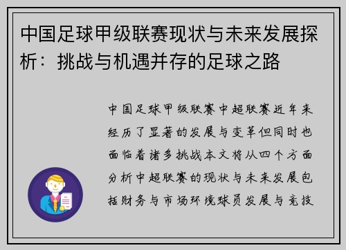 中国足球甲级联赛现状与未来发展探析：挑战与机遇并存的足球之路